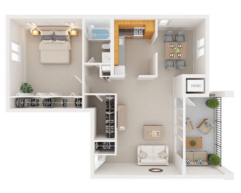 Floor plan for 1 bed, 1 bath, 725 sqft